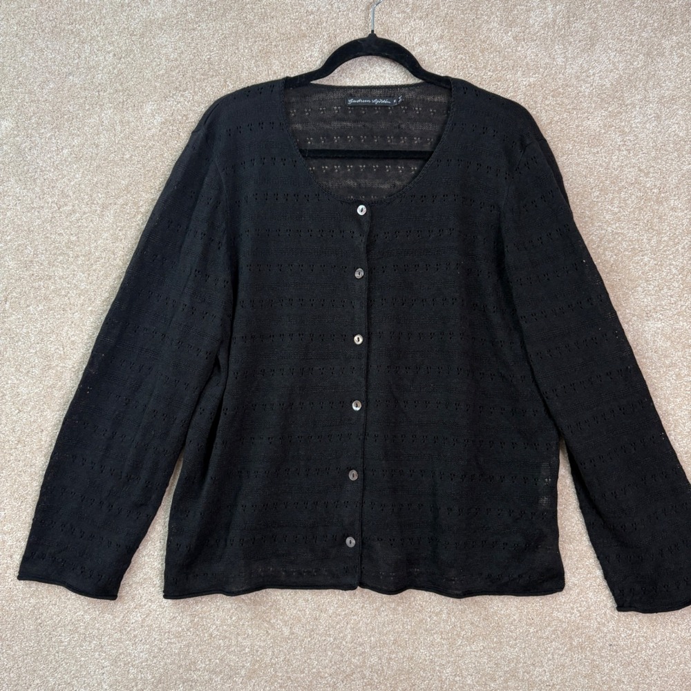 GUDRUN SJODEN 100% Linen Cardigan Womens Medium Black Pointelle Knit Minimalist